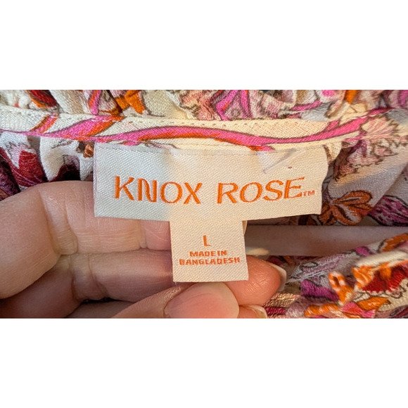 Knox Rose Boho Cottage Prairie Peasant Strawberry Floral Print Puff Sleeve Top L - Picture 7 of 10